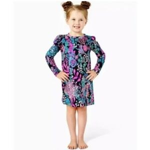 Lilly Pulitzer Girls Mini Jansen Dress Onyx Twilight Coral Black Pink M (6-7)